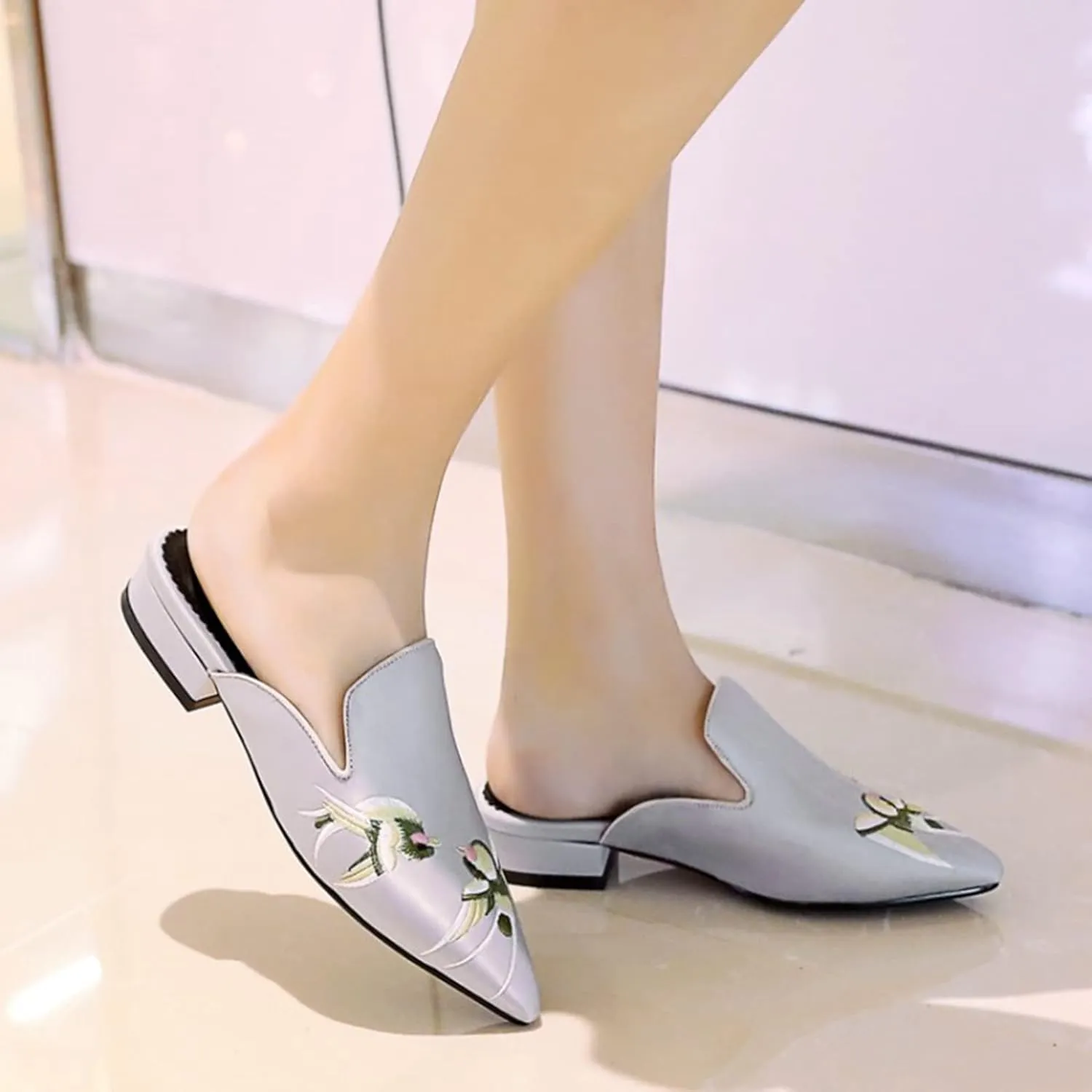 Women's Pointed Toe Satin Dress Mules Backless Embroidery Flat Low Heel Slip On Comfortable Slides