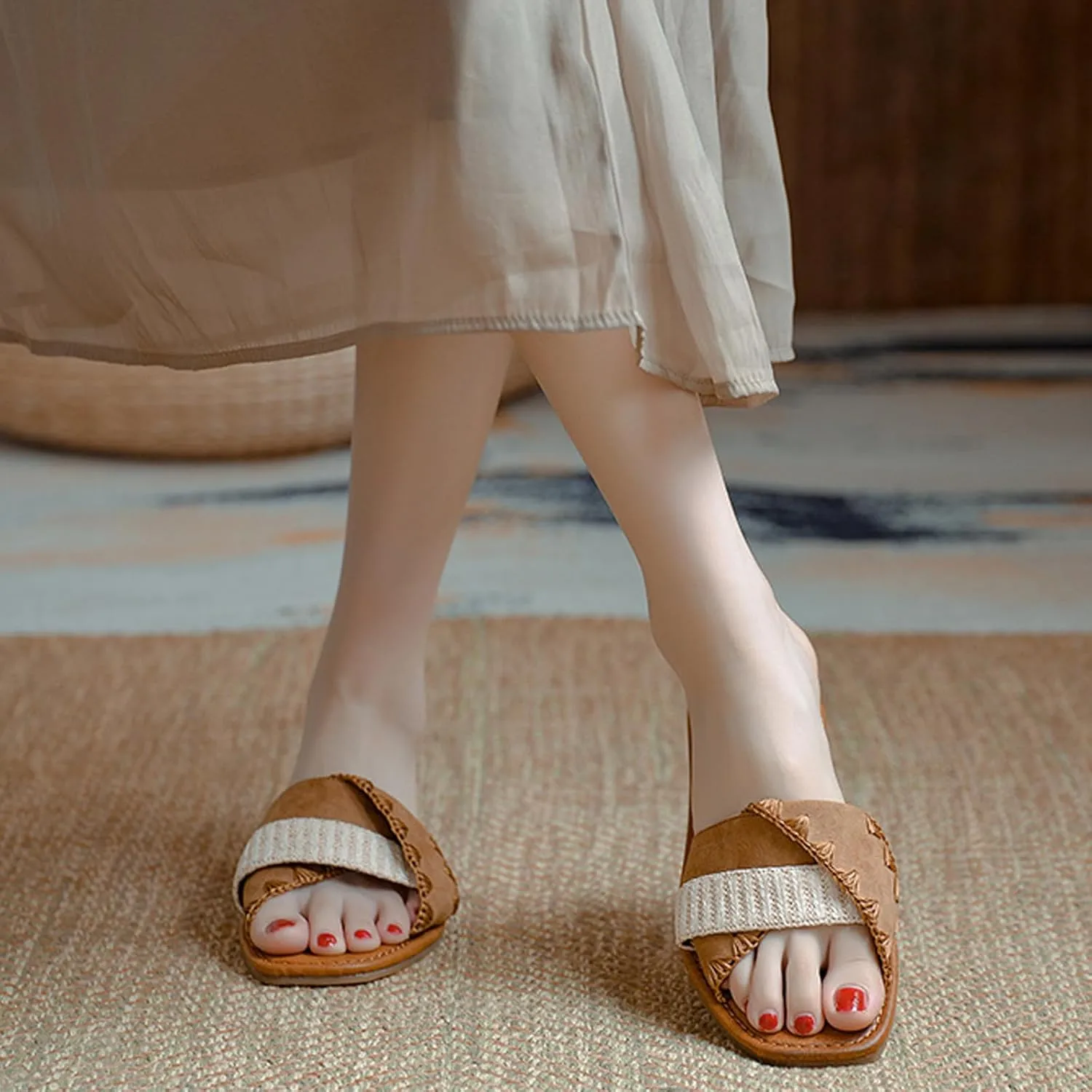Women'S Pu Flat-Soled Retro Slides Sandals Fashionable Square Head Stitching Soft Bottom Non-Slip Summer Outdoor Beach Slippers
