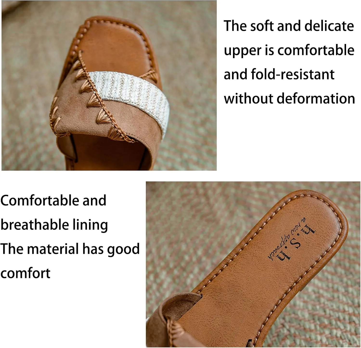 Women'S Pu Flat-Soled Retro Slides Sandals Fashionable Square Head Stitching Soft Bottom Non-Slip Summer Outdoor Beach Slippers