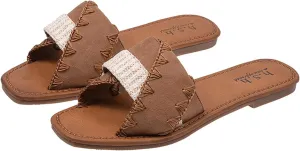 Women'S Pu Flat-Soled Retro Slides Sandals Fashionable Square Head Stitching Soft Bottom Non-Slip Summer Outdoor Beach Slippers