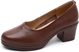 Women's Retro Round Toe Classic Platform Mid Heel High Heels Fashionable and Comfortable Leather Thick Heeled Dress Shoes