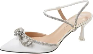 Women's Satin Bow Rhinestone Kitten Heel Pumps Closed Pointed Toe Adjustable Ankle Strap Mid Heel Mule Shoes Sexy Bridal Wedding Party Dress Sandals