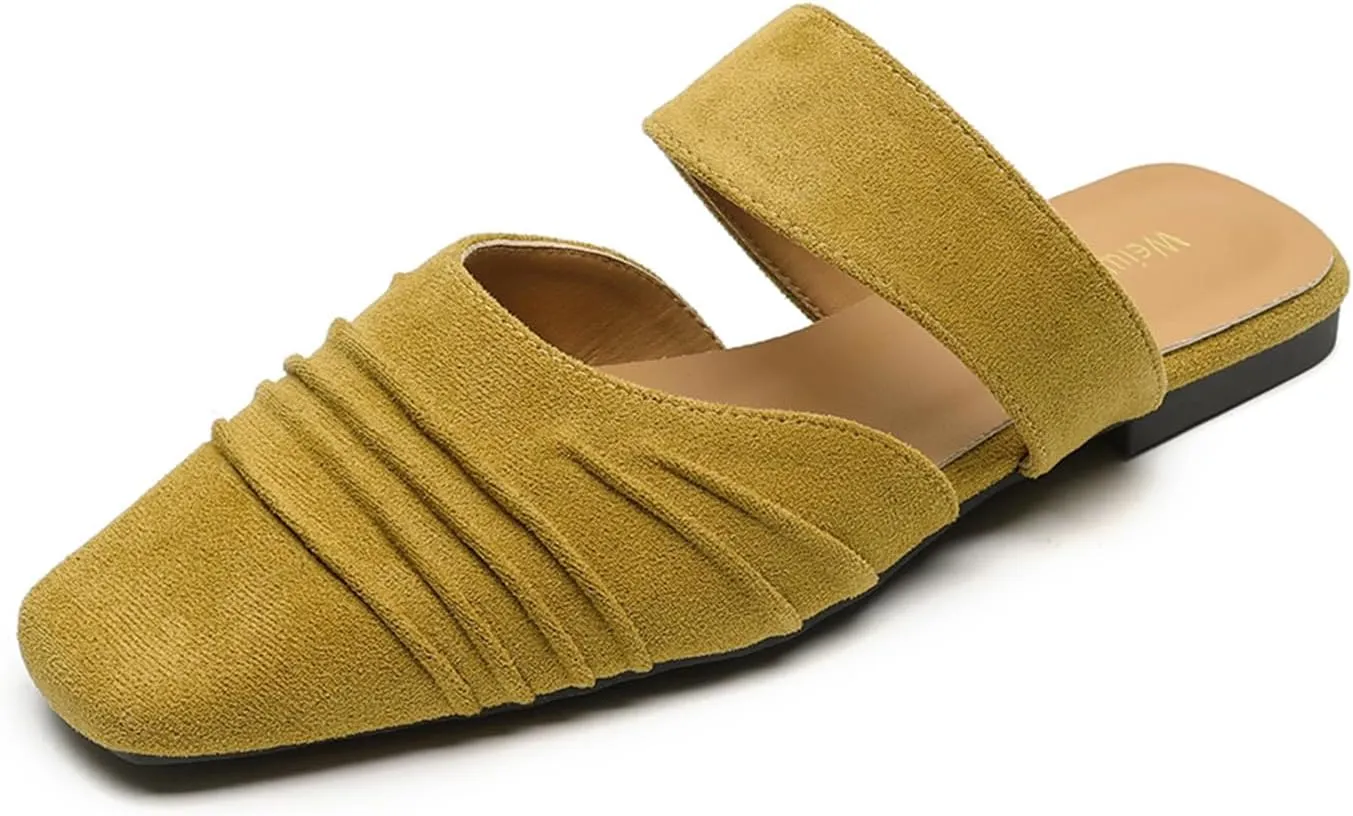 Women's Suede Slip-On Flat Mules Closed Square Toe Comfort Non Slip Mule Slides Casual Summer Party Backless Sandals