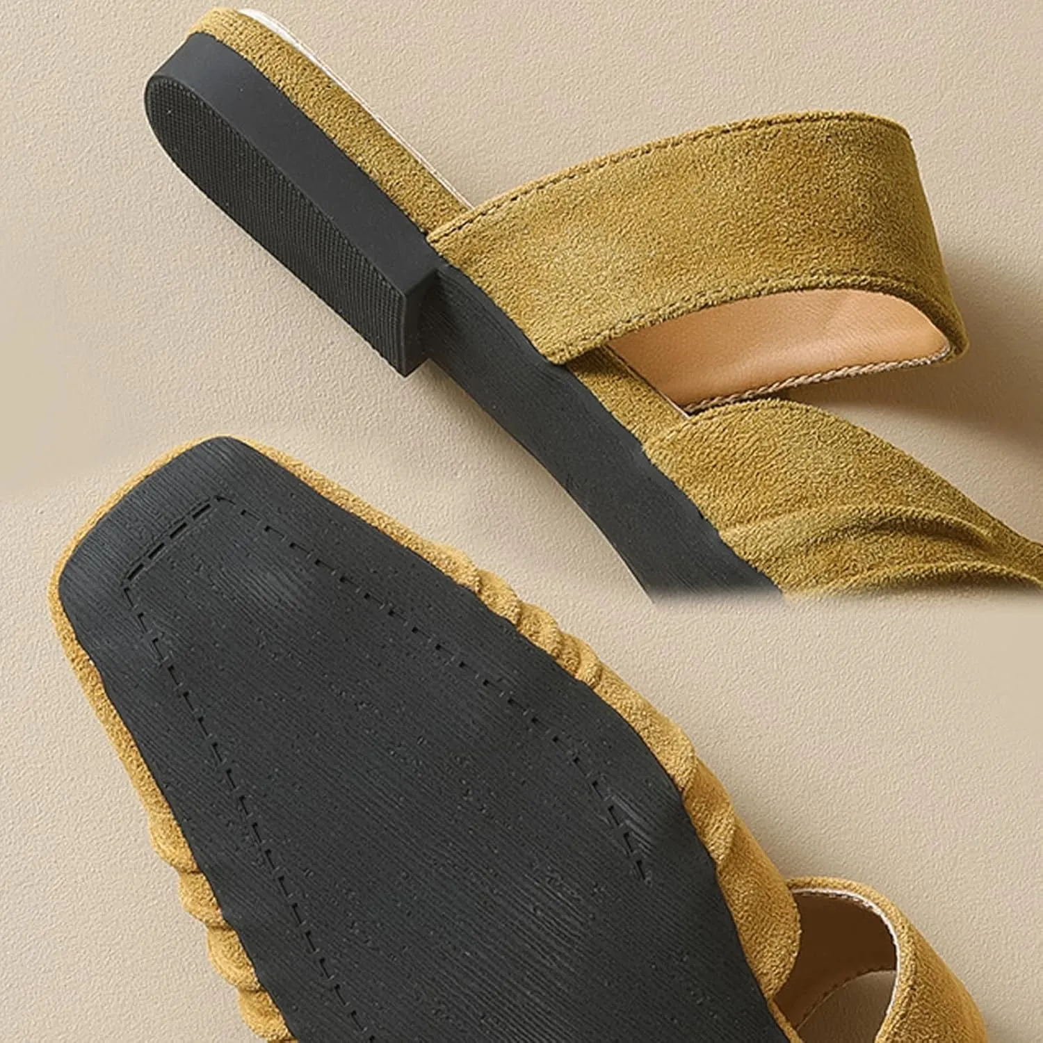 Women's Suede Slip-On Flat Mules Closed Square Toe Comfort Non Slip Mule Slides Casual Summer Party Backless Sandals
