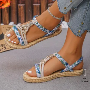 Women's Woven Flat Sandals – Bohemian Floral & Pearl Embellished Slides – Comfortable Beach & Vacation Shoes – Casual Summer Espadrilles for Daily Wear
