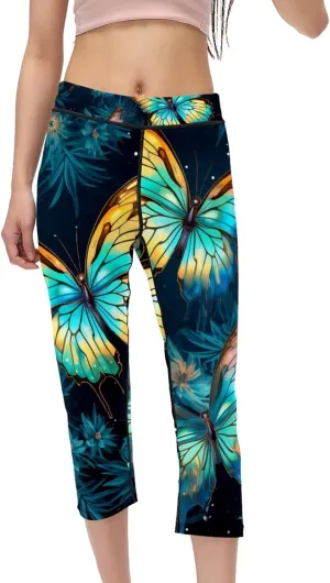 Women's Yoga Capri Pants High Waist Leggings Workout Athletic Running Straight Leg Phantom Butterfly,M Multicoloured