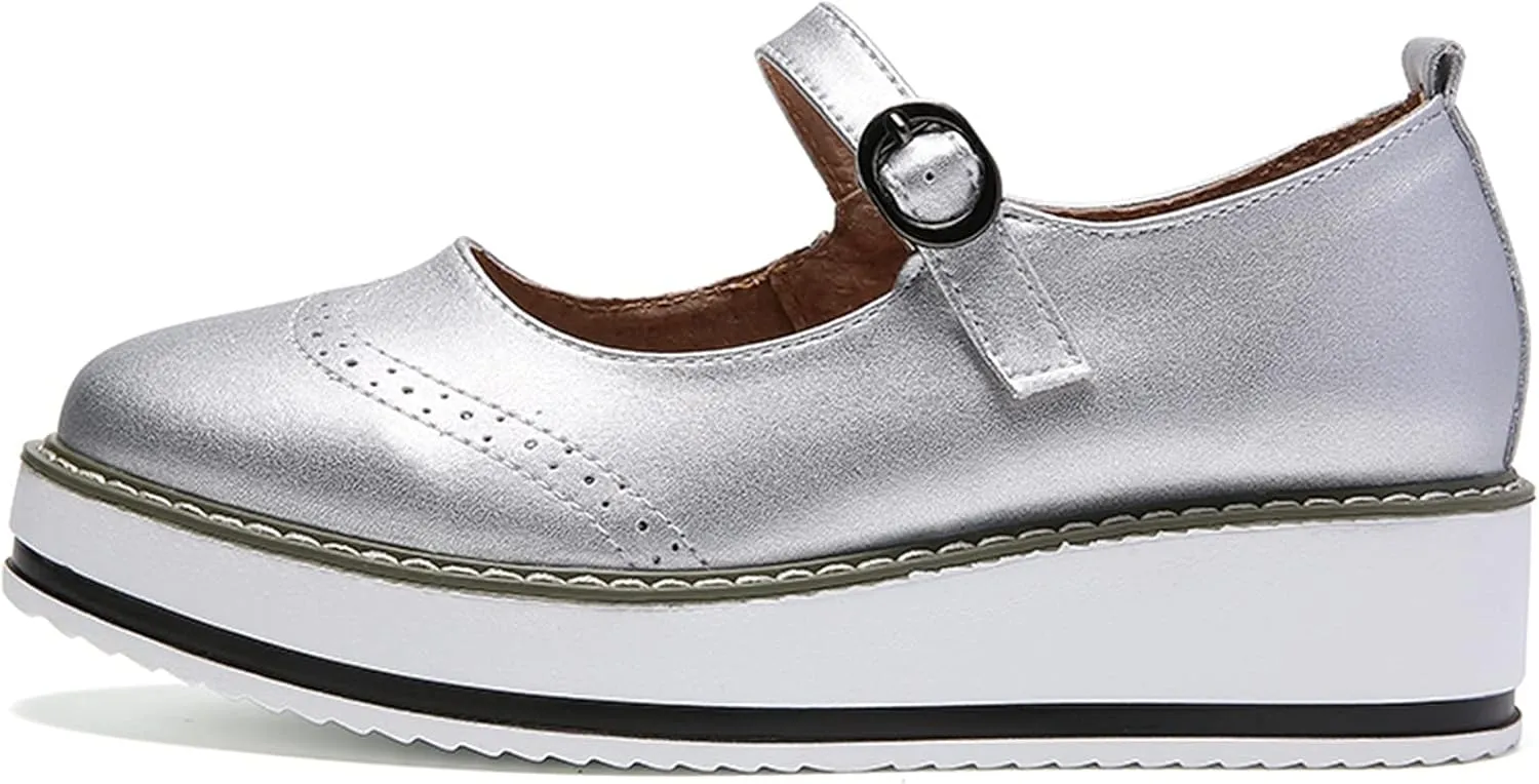 WUIWUIYU Womens Matte Leather Chunky Cleat Platfrom Ankle Strap Brogues Oxford Working Shoes