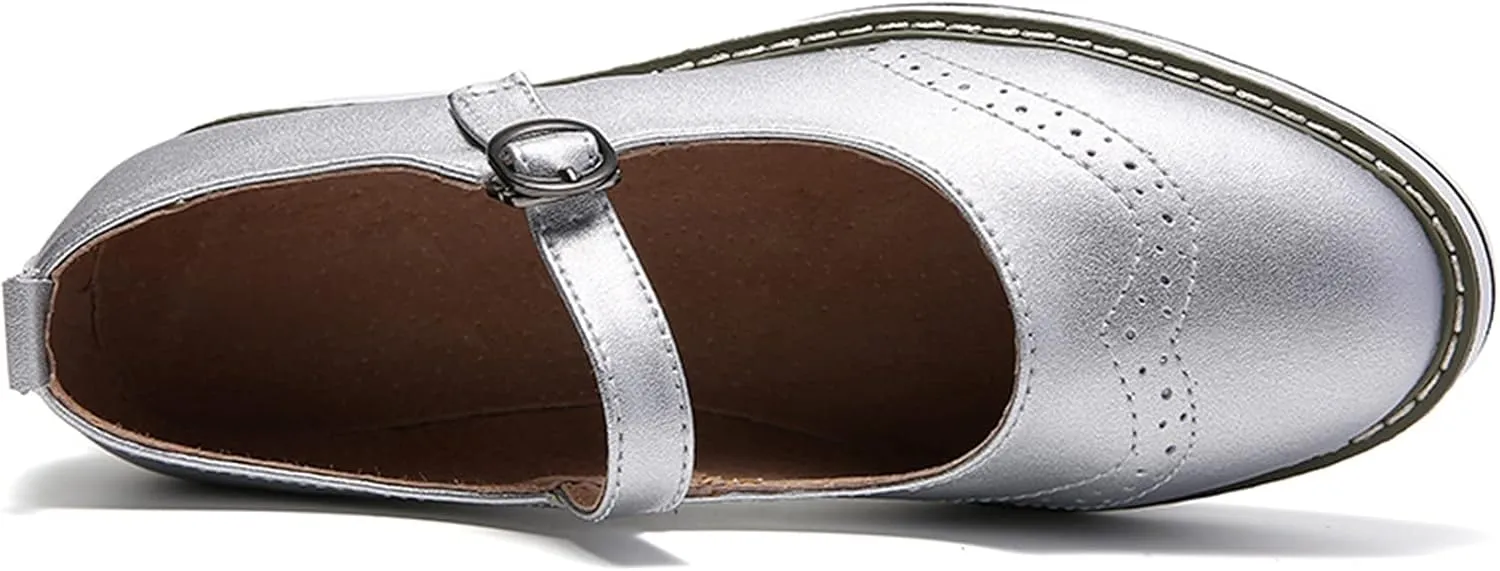 WUIWUIYU Womens Matte Leather Chunky Cleat Platfrom Ankle Strap Brogues Oxford Working Shoes