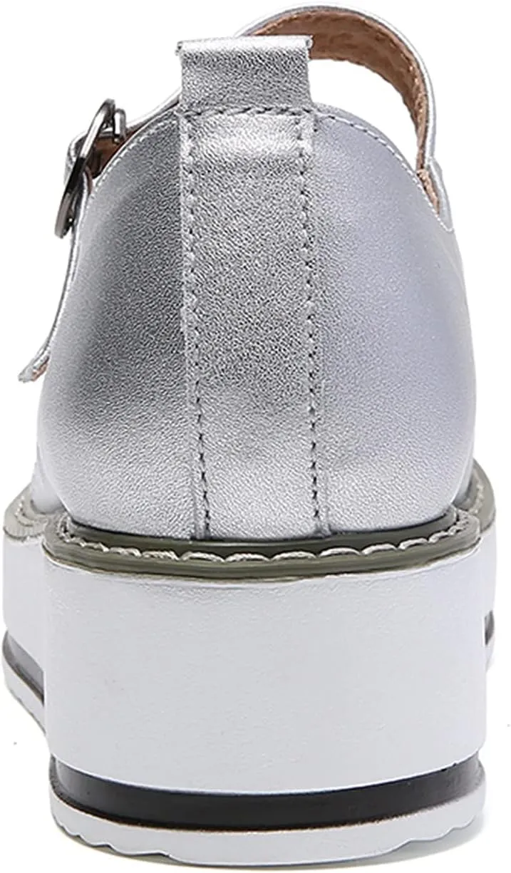 WUIWUIYU Womens Matte Leather Chunky Cleat Platfrom Ankle Strap Brogues Oxford Working Shoes