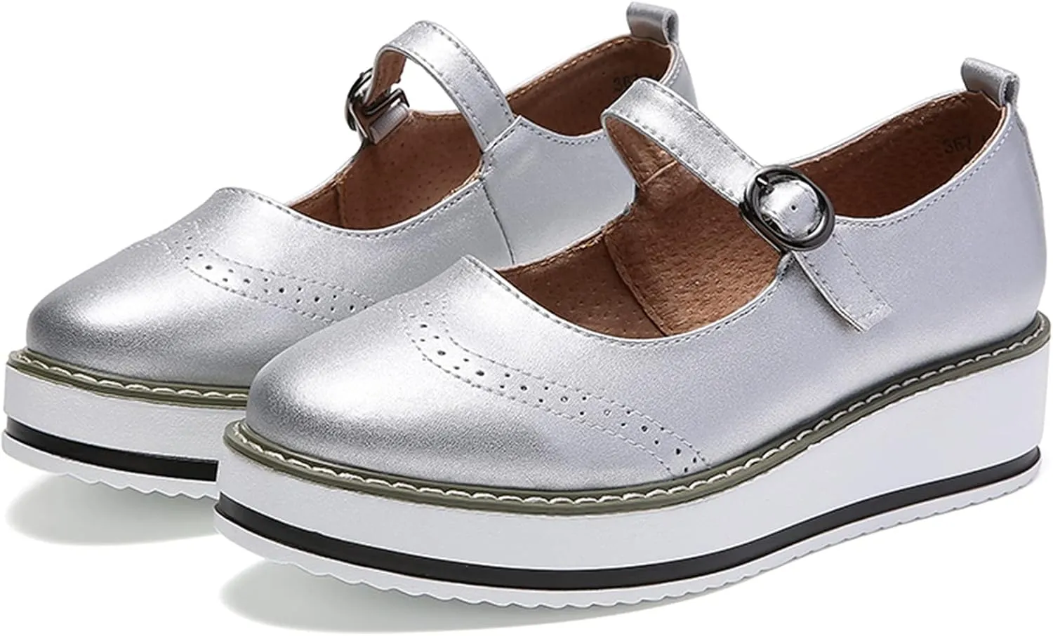 WUIWUIYU Womens Matte Leather Chunky Cleat Platfrom Ankle Strap Brogues Oxford Working Shoes
