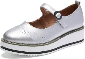 WUIWUIYU Womens Matte Leather Chunky Cleat Platfrom Ankle Strap Brogues Oxford Working Shoes
