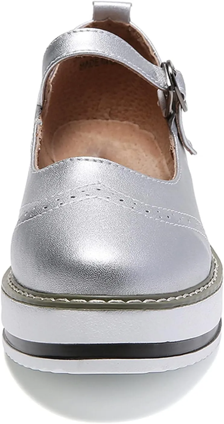 WUIWUIYU Womens Matte Leather Chunky Cleat Platfrom Ankle Strap Brogues Oxford Working Shoes
