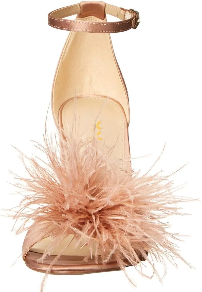 XYD Women Feather Sandals Crystal Block Heels Ankle Strap Open Toe Pumps Chic Party Evening Shoes