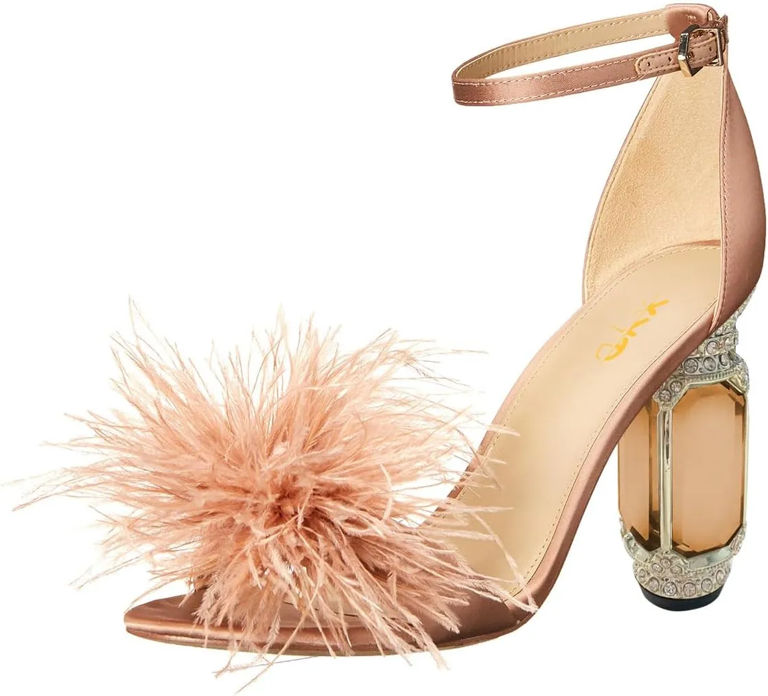 XYD Women Feather Sandals Crystal Block Heels Ankle Strap Open Toe Pumps Chic Party Evening Shoes
