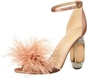 XYD Women Feather Sandals Crystal Block Heels Ankle Strap Open Toe Pumps Chic Party Evening Shoes