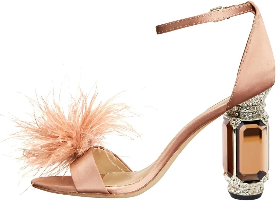 XYD Women Feather Sandals Crystal Block Heels Ankle Strap Open Toe Pumps Chic Party Evening Shoes