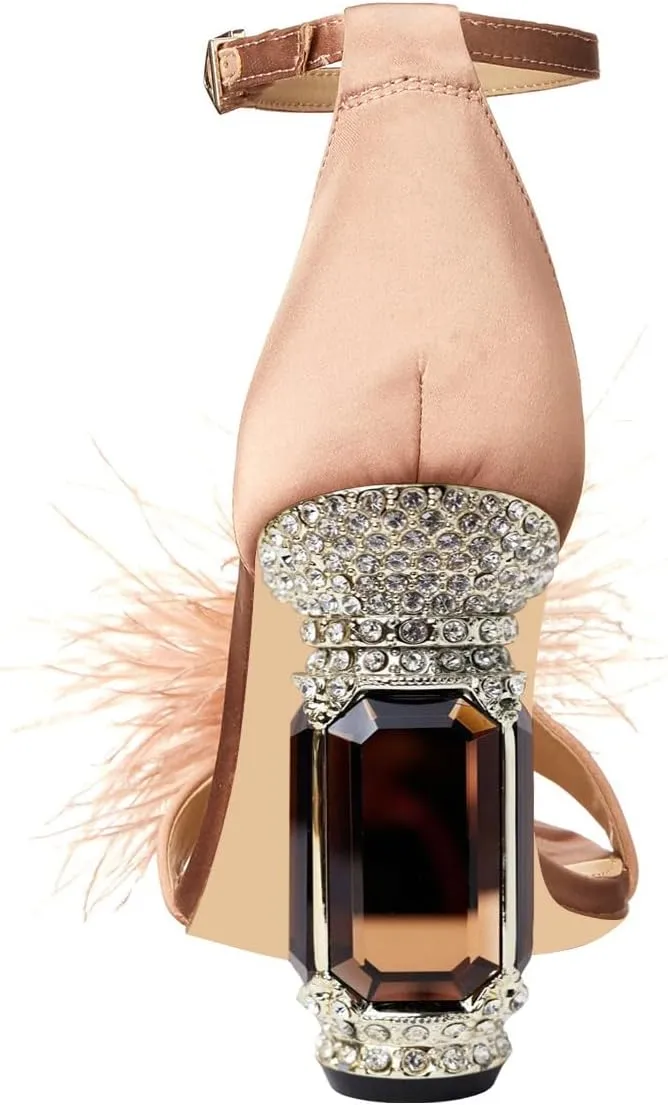 XYD Women Feather Sandals Crystal Block Heels Ankle Strap Open Toe Pumps Chic Party Evening Shoes