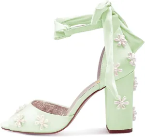 XYD Women Open Toe Sandals with Bloom Pearl Flower Ankle Strap Lace-up Chunky Block Heel Wedding Bridal Shoes