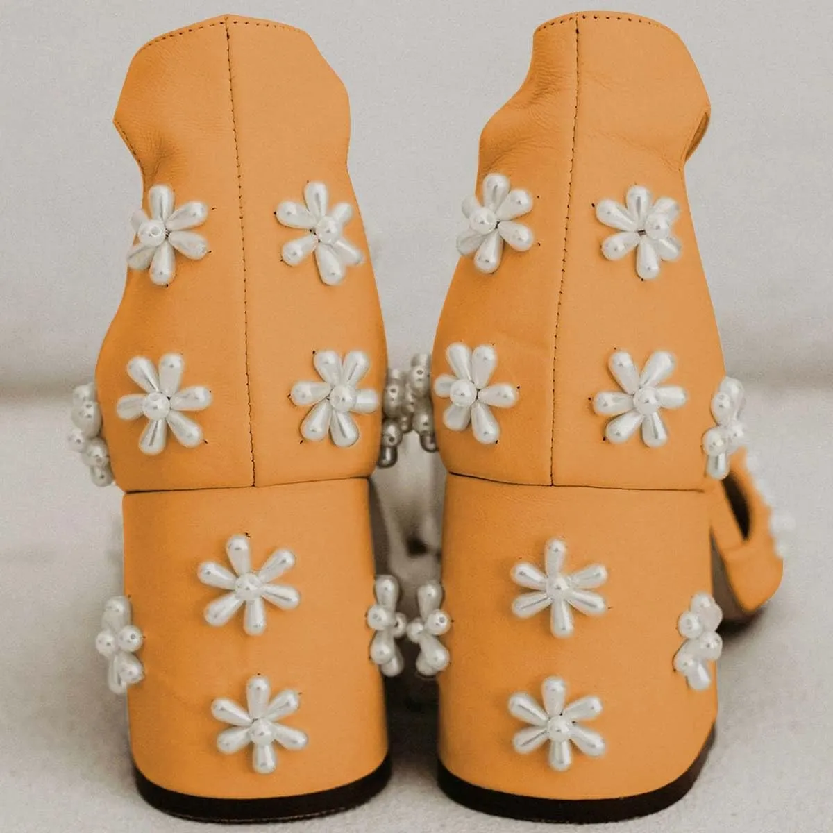 XYD Women Open Toe Sandals with Bloom Pearl Flower Ribbon Ankle Strap Chunky Block Heel Wedding Bridal Shoes