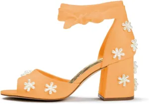 XYD Women Open Toe Sandals with Bloom Pearl Flower Ribbon Ankle Strap Chunky Block Heel Wedding Bridal Shoes