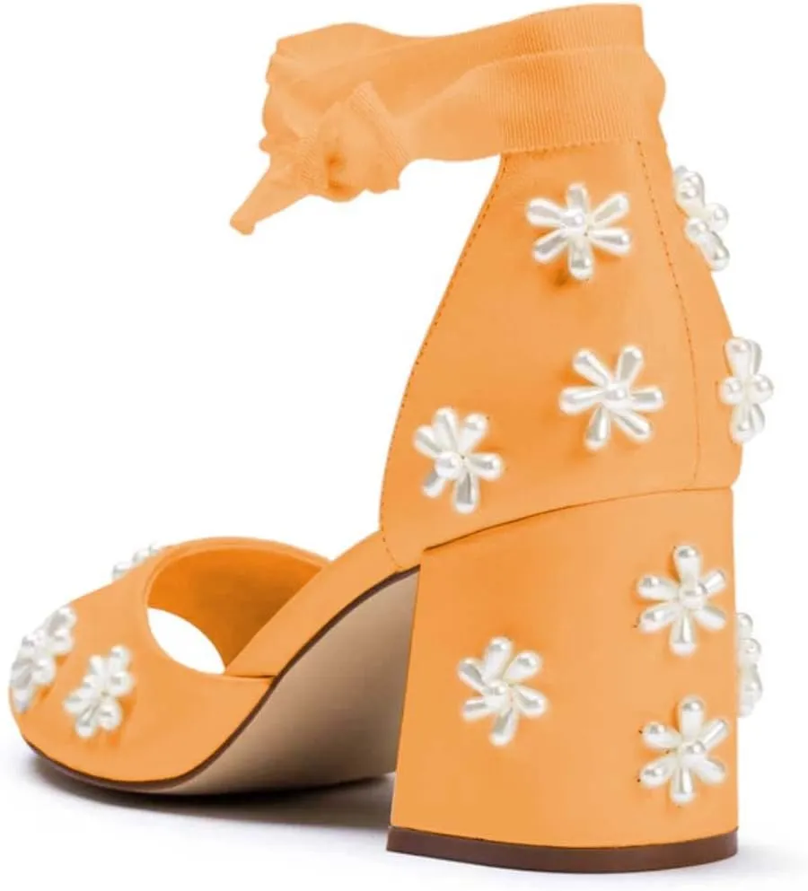 XYD Women Open Toe Sandals with Bloom Pearl Flower Ribbon Ankle Strap Chunky Block Heel Wedding Bridal Shoes