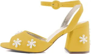 XYD Women Peep Toe Velvet Sandals Bloom Pearl Flower Ankle Strap Chunky Block Heel Wedding Bridal Shoes