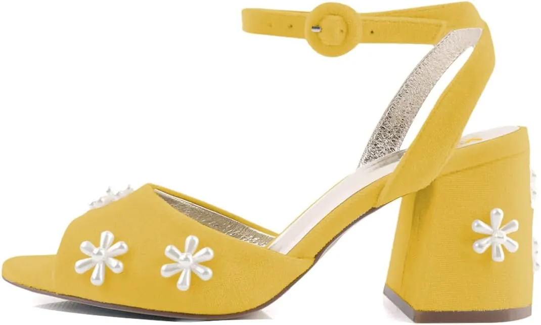 XYD Women Peep Toe Velvet Sandals Bloom Pearl Flower Ankle Strap Chunky Block Heel Wedding Bridal Shoes