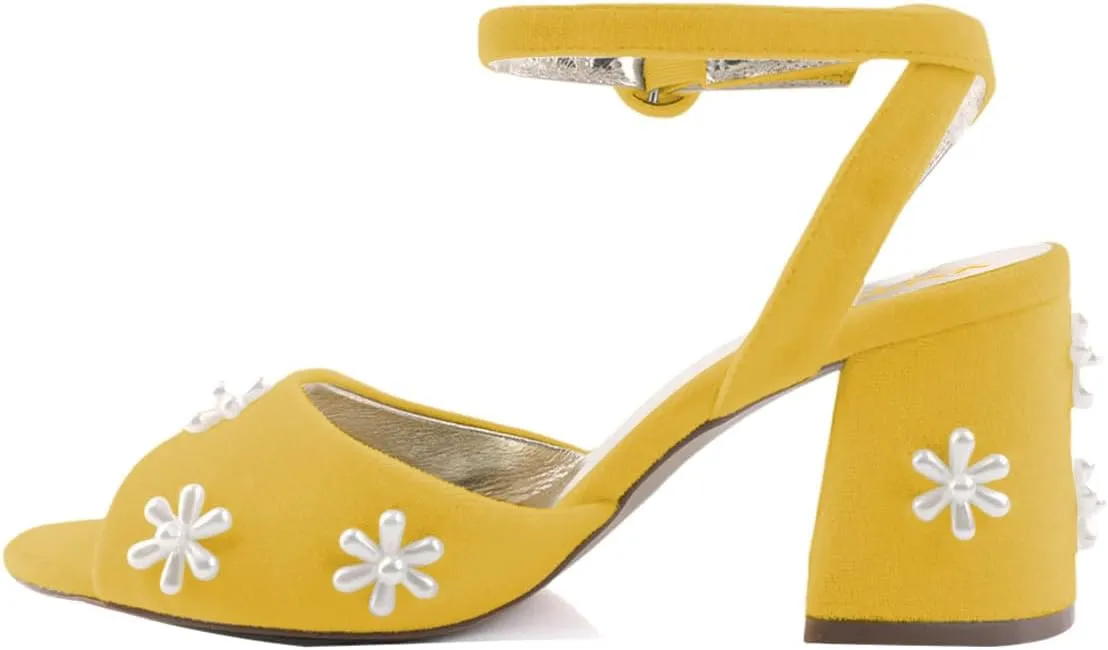 XYD Women Peep Toe Velvet Sandals Bloom Pearl Flower Ankle Strap Chunky Block Heel Wedding Bridal Shoes