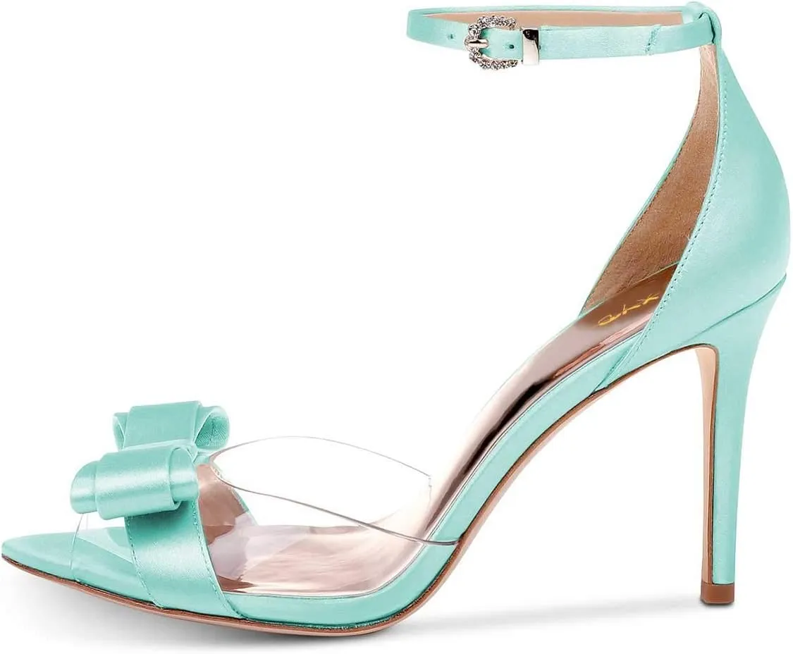 XYD Women Pointy Peep Toe Stiletto High Heels Ankle Strap Bows Sandals PVC Satin D'Orsay Pumps