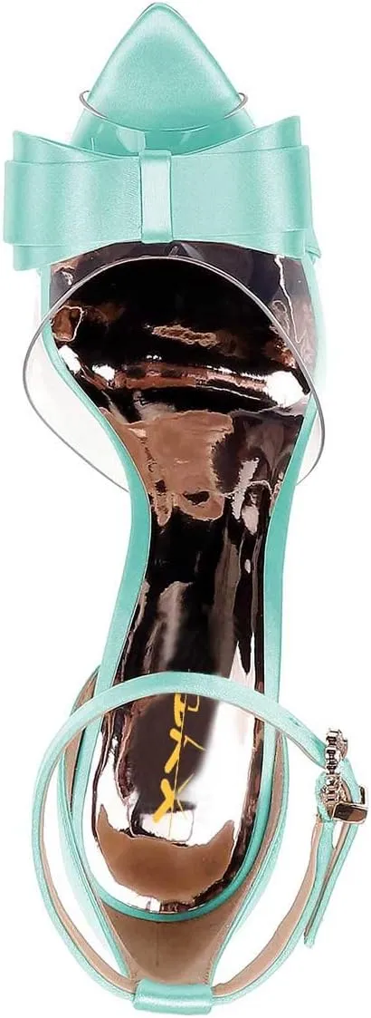 XYD Women Pointy Peep Toe Stiletto High Heels Ankle Strap Bows Sandals PVC Satin D'Orsay Pumps