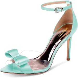 XYD Women Pointy Peep Toe Stiletto High Heels Ankle Strap Bows Sandals PVC Satin D'Orsay Pumps