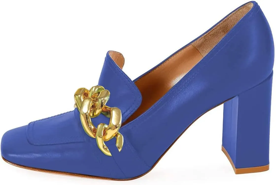 YDN Women Chunky High Heels Square Toe Loafers Shoes Slip On Suede Office Pumps Buckle Size 4-15 US