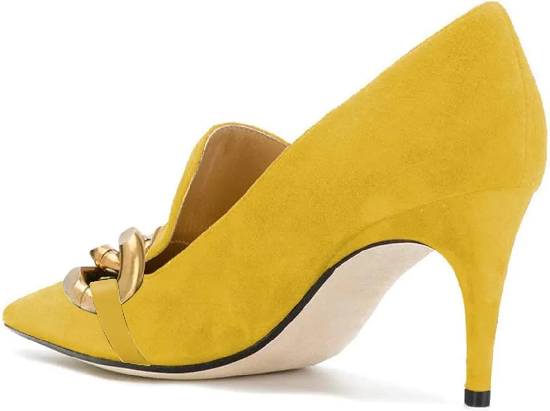 YDN Women's Mid Heels Slip on Loafer Stilettos Pumps Pointy Toe Slide Suede Prom Shoes Size 4-15