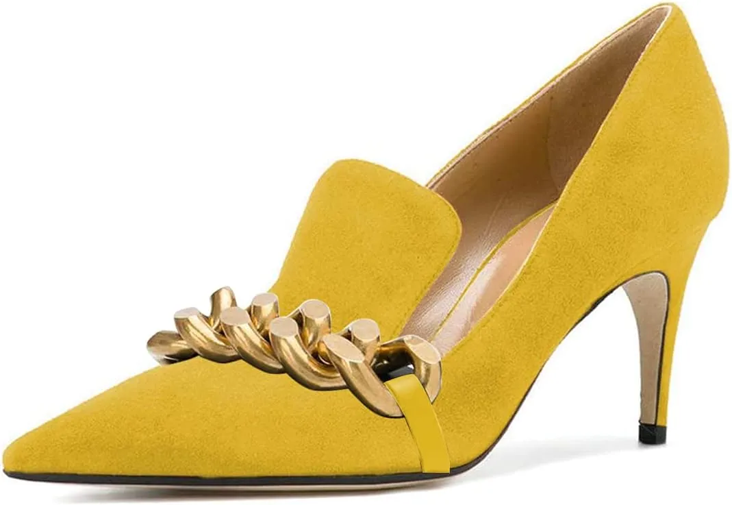 YDN Women's Mid Heels Slip on Loafer Stilettos Pumps Pointy Toe Slide Suede Prom Shoes Size 4-15