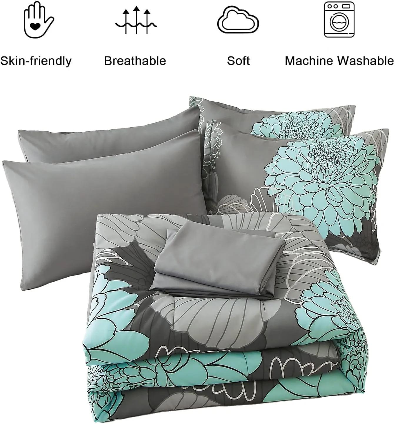 Yiran Floral Comforter Set 7 Piece Full Size Bed in a Bag Flower Comforter Soft Microfiber Bedding Set for All Season (Grey,90"x78")