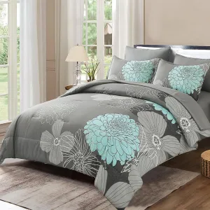 Yiran Floral Comforter Set 7 Piece Full Size Bed in a Bag Flower Comforter Soft Microfiber Bedding Set for All Season (Grey,90"x78")