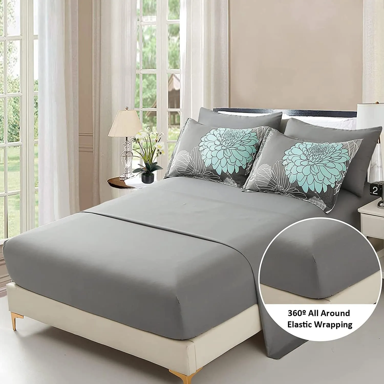 Yiran Floral Comforter Set 7 Piece Full Size Bed in a Bag Flower Comforter Soft Microfiber Bedding Set for All Season (Grey,90"x78")
