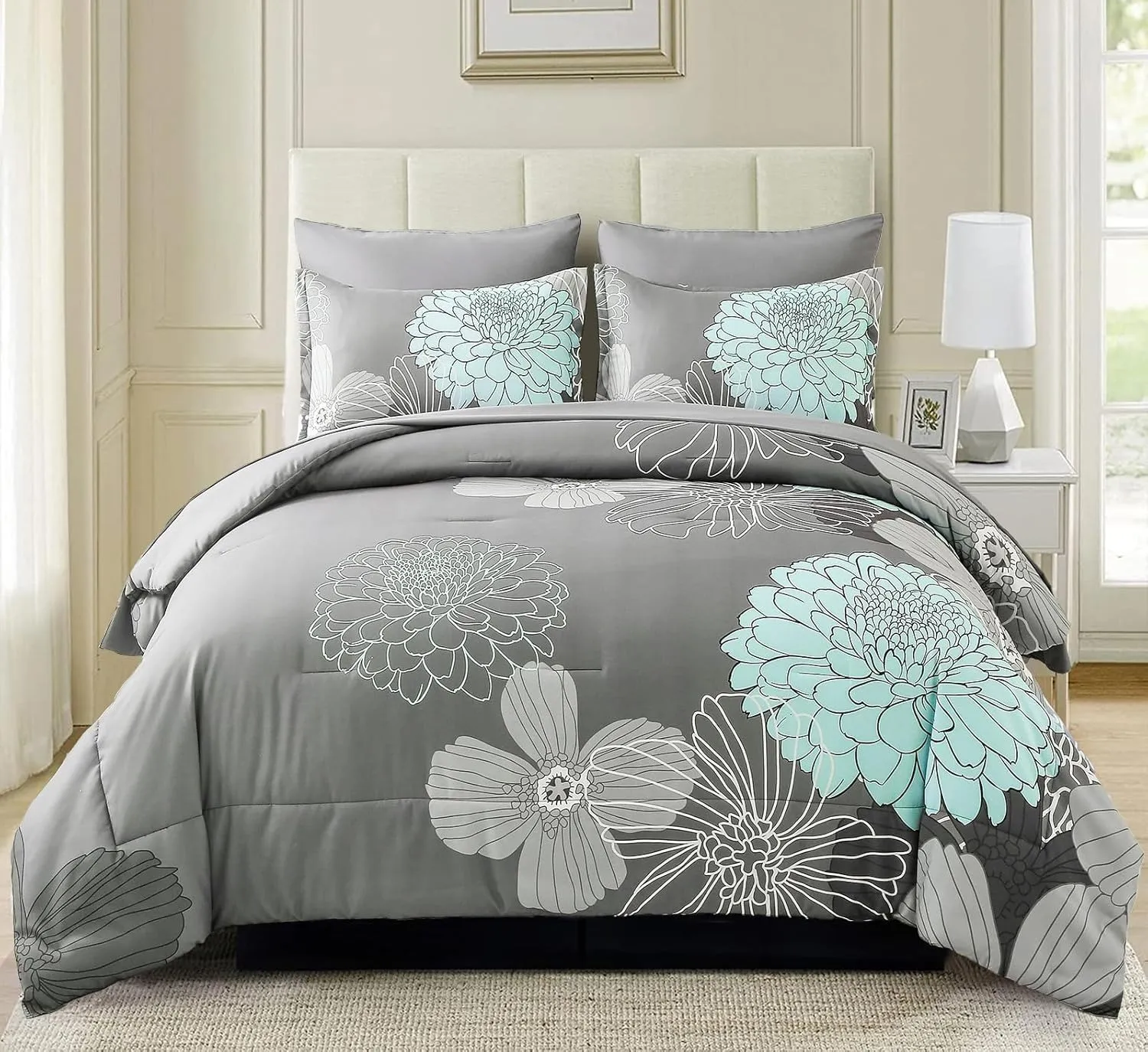 Yiran Floral Comforter Set 7 Piece Full Size Bed in a Bag Flower Comforter Soft Microfiber Bedding Set for All Season (Grey,90"x78")