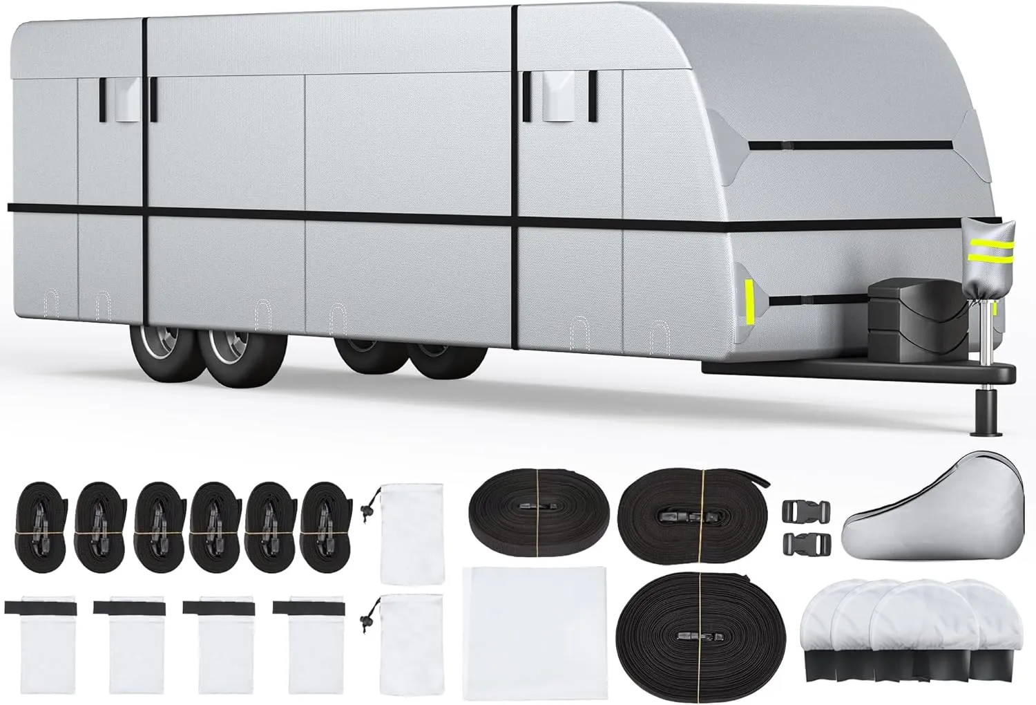 YOLENY 30'-33' Travel Trailer RV Cover, 300D Windproof Rip-Resistant Anti-UV Camper Cover with Jack Cover Storage Bag Repair Patches and Tire Covers