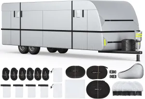 YOLENY 30'-33' Travel Trailer RV Cover, 300D Windproof Rip-Resistant Anti-UV Camper Cover with Jack Cover Storage Bag Repair Patches and Tire Covers