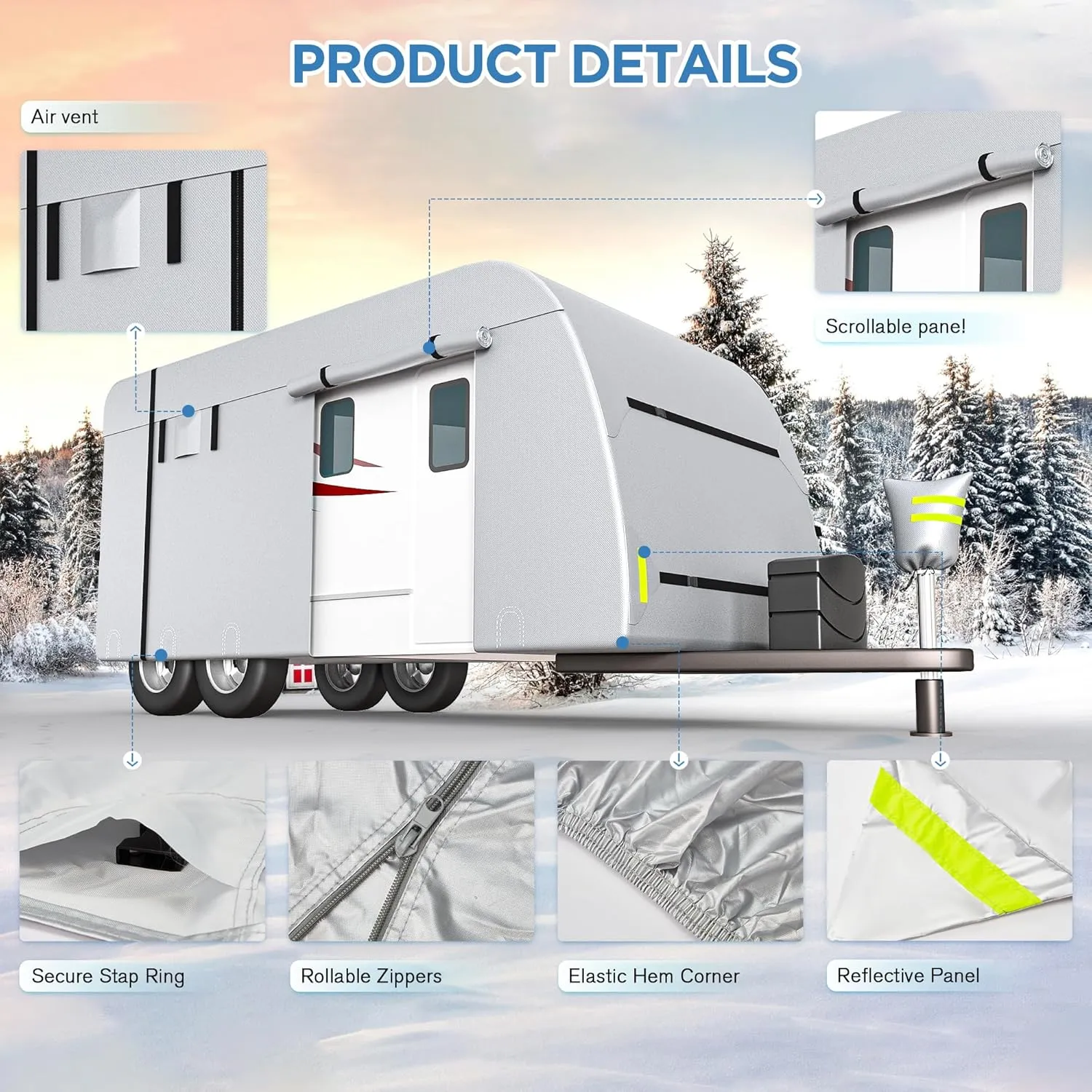 YOLENY 30'-33' Travel Trailer RV Cover, 300D Windproof Rip-Resistant Anti-UV Camper Cover with Jack Cover Storage Bag Repair Patches and Tire Covers