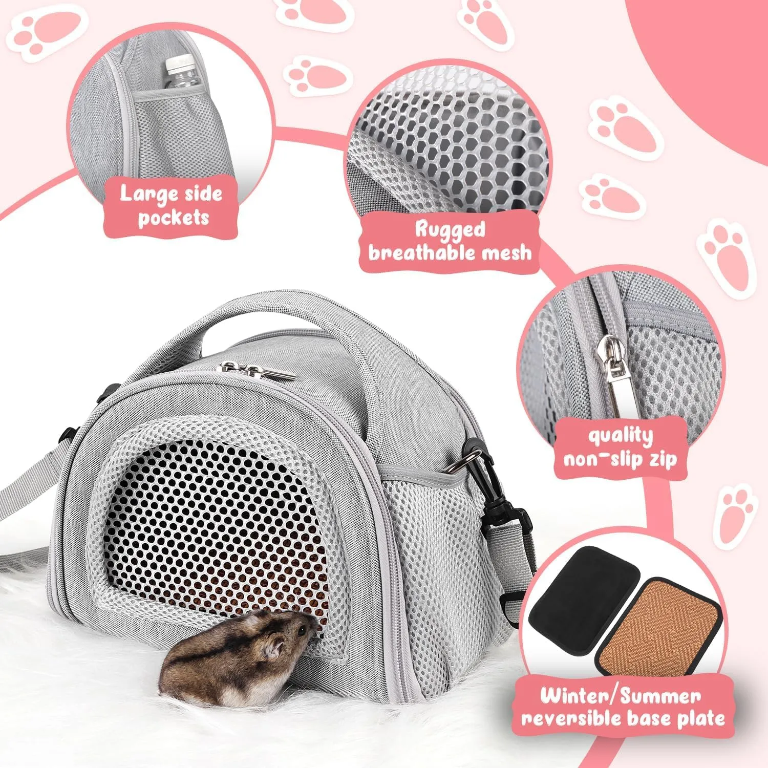 YUDODO Hamster Carrier Guinea Pig Carrier Bag Small Animal Sugar Glider Pouch Gerbil Hedgehog Portable Travel Carrier Outdoor Hangbag Flying Squirrel Rat Carrier Grey