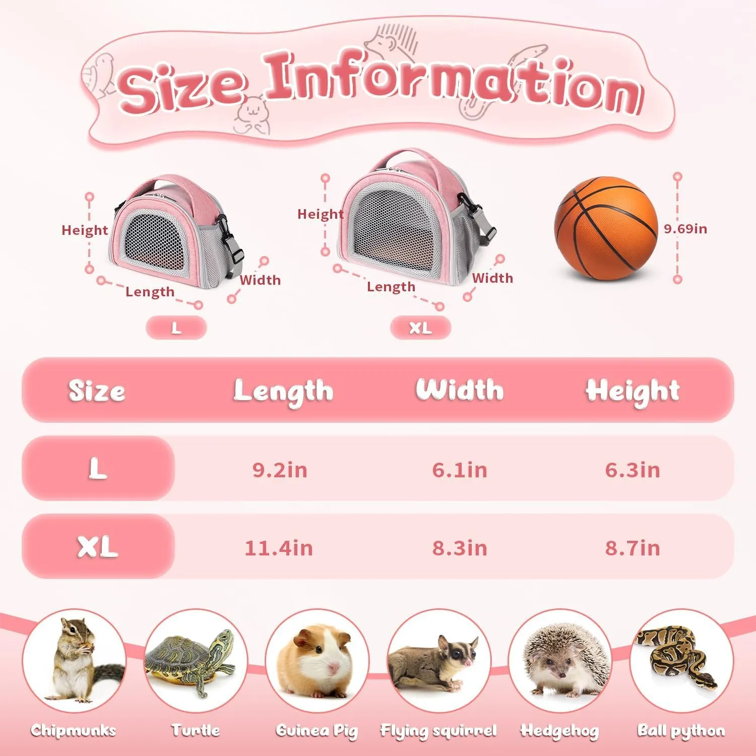 YUDODO Hamster Carrier Guinea Pig Carrier Bag Small Animal Sugar Glider Pouch Gerbil Hedgehog Portable Travel Carrier Outdoor Hangbag Flying Squirrel Rat Carrier (X-Large, Pink)