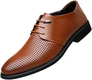 YZABEL Men's Genuine Leather Oxfords Dress Shoes, Pointed Toe Lace Up Business Casual Shoes, Breathable Hollow Lightweight Comfortable for Formal and Everyday Wear