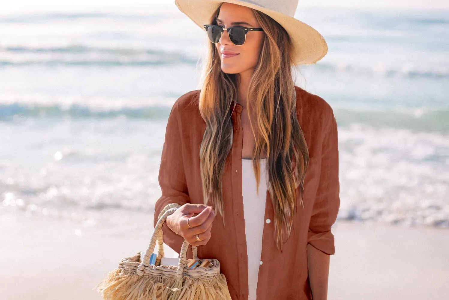 Zoye Chen Women’s Bikini Swimsuit Cover Up Button Down V Neck Shirts Long Sleeve Blouse Beachwear Bathing Suit